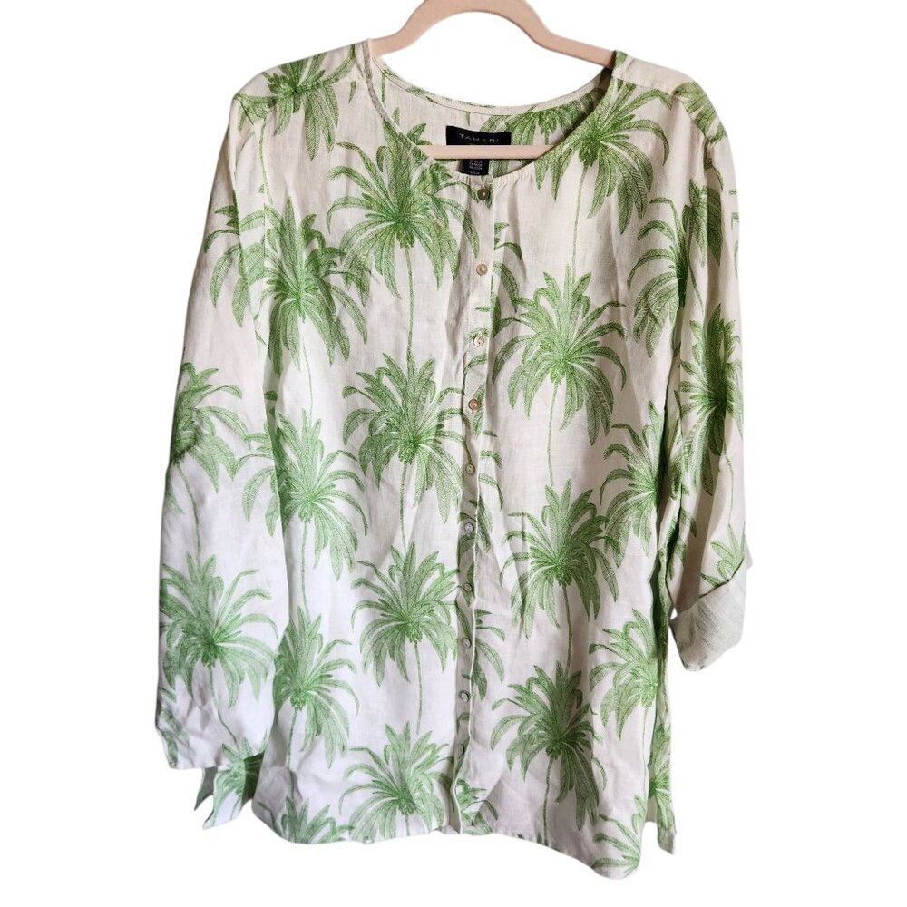 Tahari Shirt Women's 2XL XXL White Green 100% Linen Roll Tab Sleeve Top Blouse N